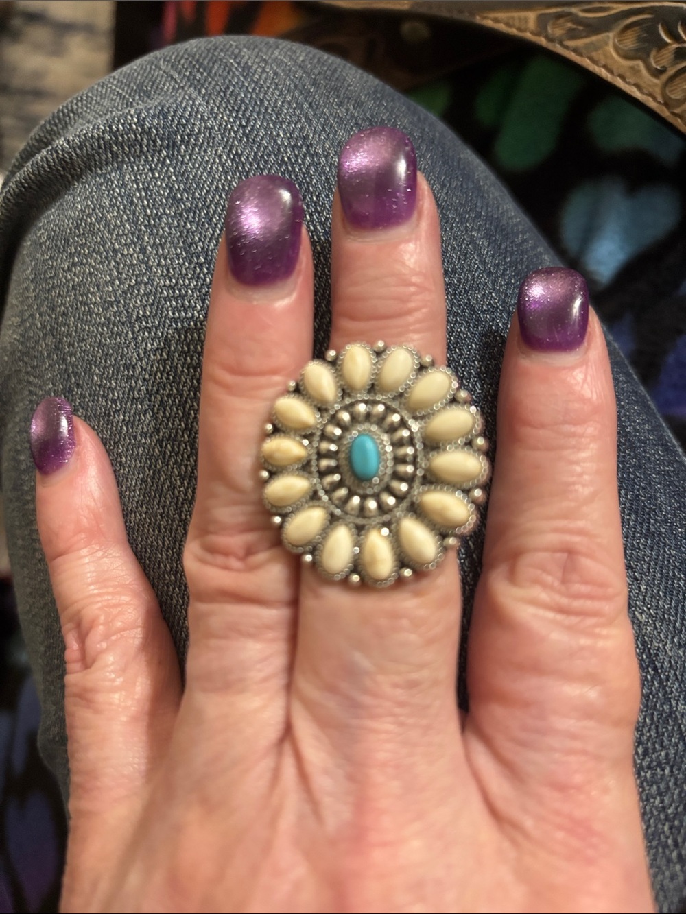 Vintage-Inspired Turquoise Floral Statement Ring in Cream and Turquoise